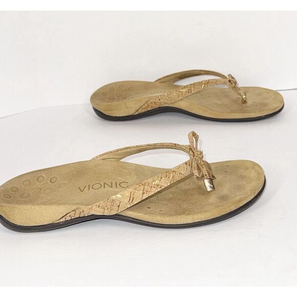 Vionic Bella Sandal Beige Neutral Flip Flop Bow Gold Cork Toe Post Comfort Sz 6 - Picture 15 of 16
